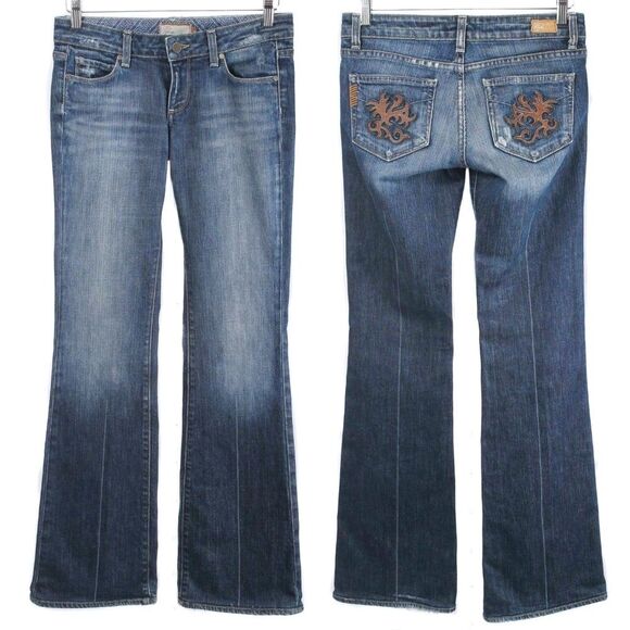 PAIGE Laurel Canyon Medium Stonewashed Leather Pocket Detail Flare Jeans Size 27 - Picture 1 of 6